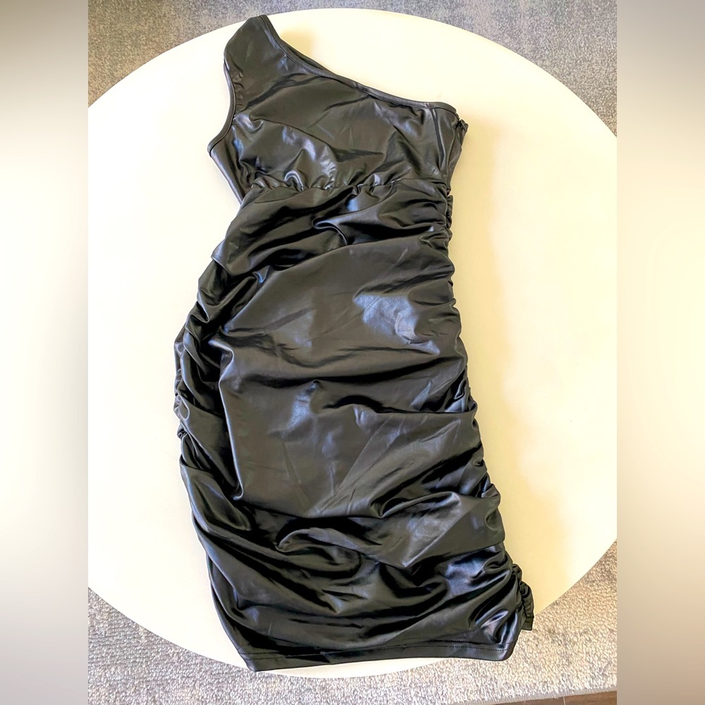 black flaux leather dress
